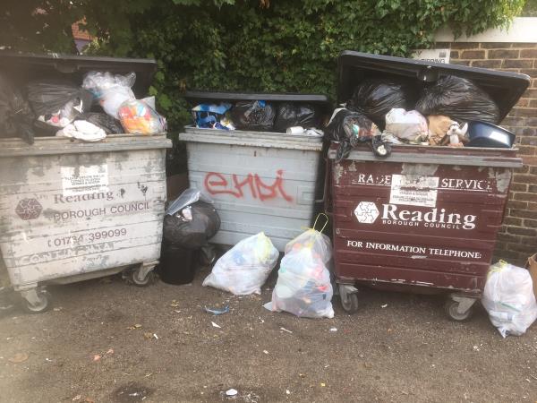 Domestic bins overflowing. Large fly tip has been cleared, but bins are full again. Not sure if they were emptied when fly tipping was cleared or not. Bagged waste building up on the walkway again. -23 Charndon Cl, Reading RG2 0AF, UK