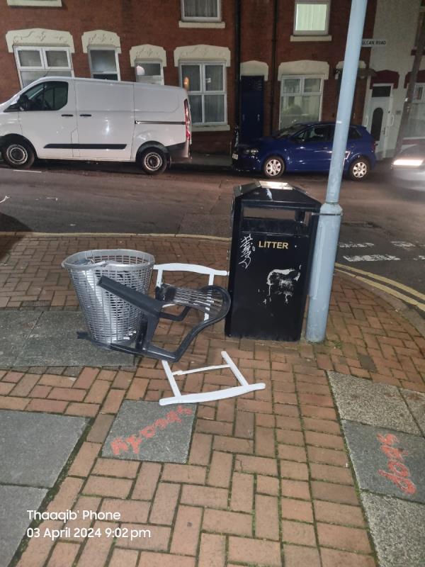 As reported before, the public bin outside 1 Beaumont Rd needs to be removed as every week people leave fly tipping and dagerous  items around the bin, which is outside a kids education Centre.-113 Vulcan Road, Leicester, LE5 3EE