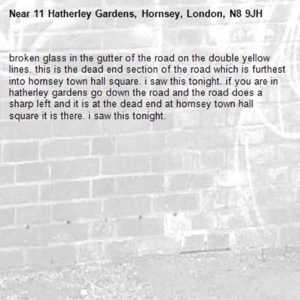 broken glass in the gutter of the road on the double yellow lines. this is the dead end section of the road which is furthest into hornsey town hall square. i saw this tonight. if you are in hatherley gardens go down the road and the road does a sharp left and it is at the dead end at hornsey town hall square it is there. i saw this tonight. -11 Hatherley Gardens, Hornsey, London, N8 9JH