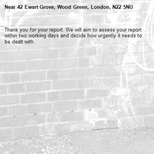 Thank you for your report. We will aim to assess your report within two working days and decide how urgently it needs to be dealt with.-42 Ewart Grove, Wood Green, London, N22 5NU