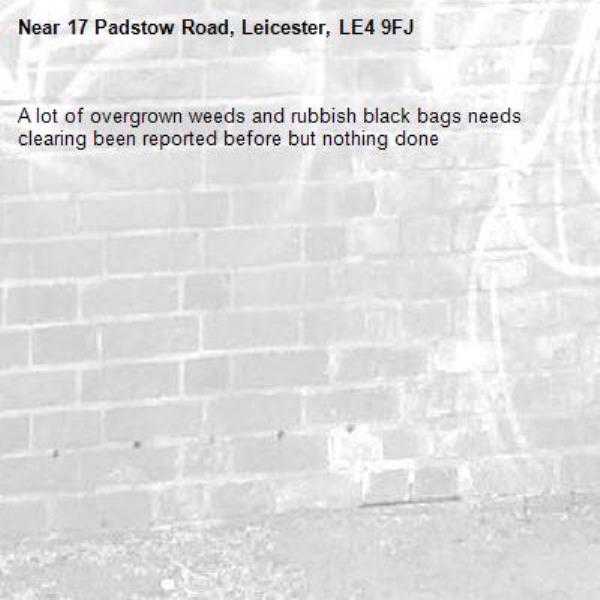 A lot of overgrown weeds and rubbish black bags needs clearing been reported before but nothing done-17 Padstow Road, Leicester, LE4 9FJ