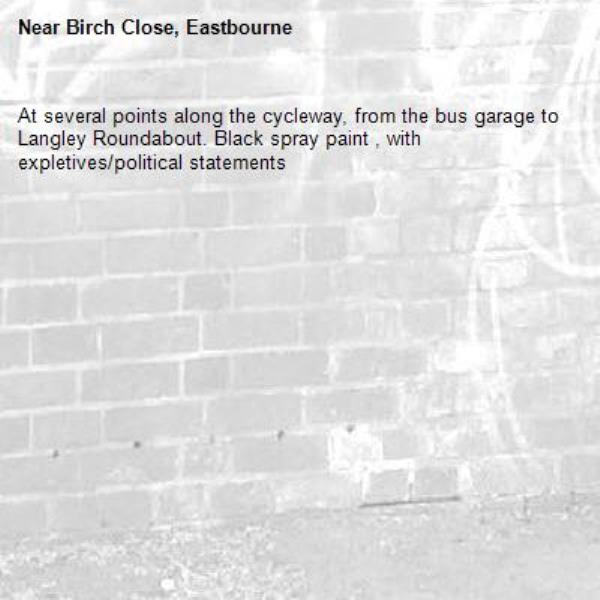 At several points along the cycleway, from the bus garage to Langley Roundabout. Black spray paint , with expletives/political statements-Birch Close, Eastbourne