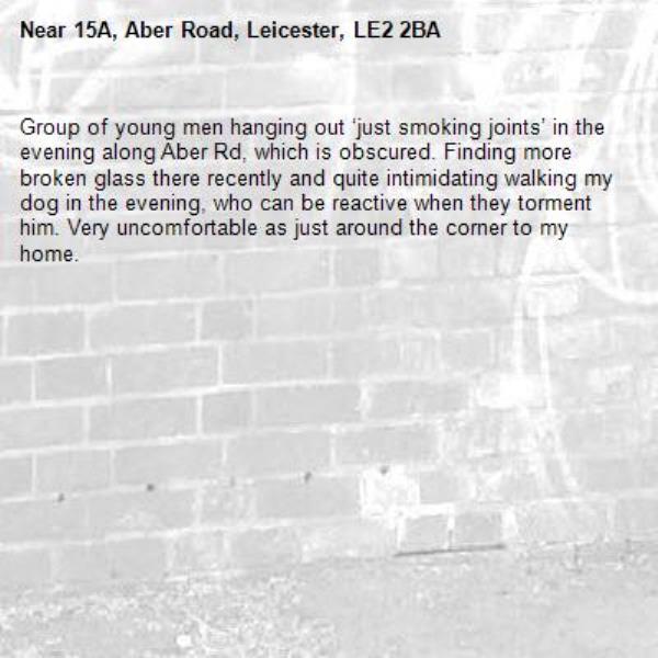 Group of young men hanging out ‘just smoking joints’ in the evening along Aber Rd, which is obscured. Finding more broken glass there recently and quite intimidating walking my dog in the evening, who can be reactive when they torment him. Very uncomfortable as just around the corner to my home.
-15A, Aber Road, Leicester, LE2 2BA