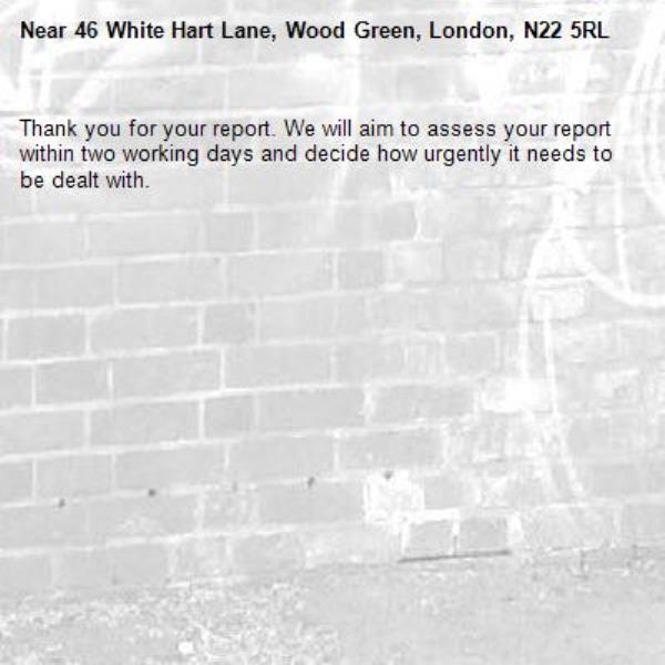 Thank you for your report. We will aim to assess your report within two working days and decide how urgently it needs to be dealt with.-46 White Hart Lane, Wood Green, London, N22 5RL