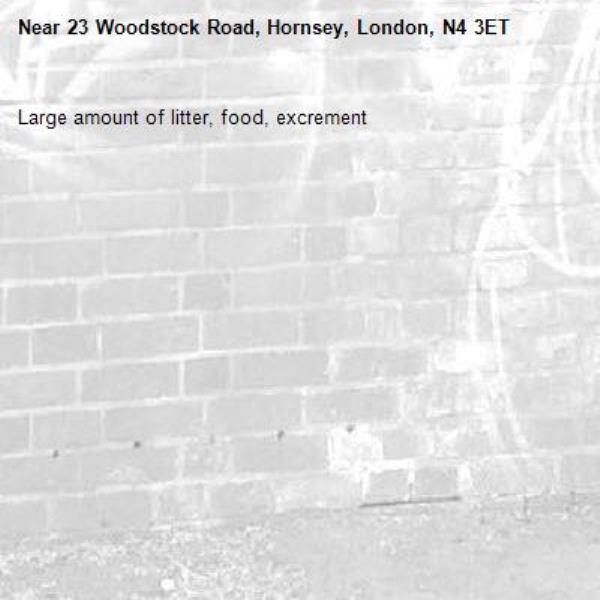 Large amount of litter, food, excrement-23 Woodstock Road, Hornsey, London, N4 3ET
