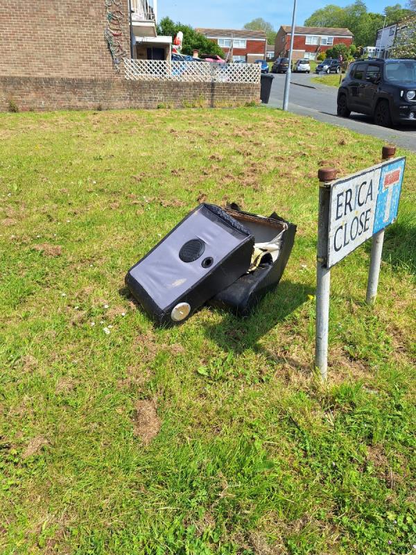 Gaming chair by street sign on grass-1A, Erica Close, Eastbourne, BN23 8BT