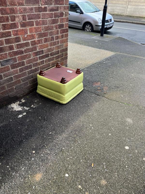Green foot stall and branches round by the bins needs picking up asap please before kids start setting it on fire -16 Chenappa Close, Plaistow, London, E13 8DZ