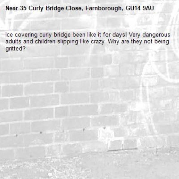 Ice covering curly bridge been like it for days! Very dangerous adults and children slipping like crazy. Why are they not being gritted? -35 Curly Bridge Close, Farnborough, GU14 9AU
