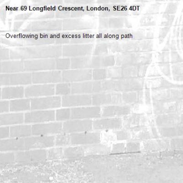 Overflowing bin and excess litter all along path-69 Longfield Crescent, London, SE26 4DT