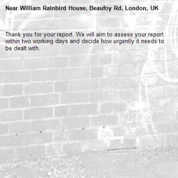 Thank you for your report. We will aim to assess your report within two working days and decide how urgently it needs to be dealt with.-William Rainbird House, Beaufoy Rd, London, UK