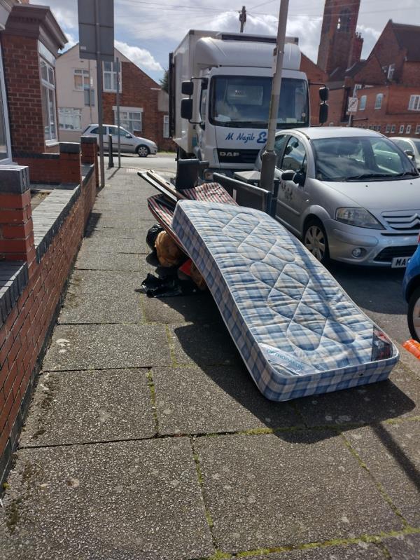 Household rubbish is being tipped at this position on a daily basis, blocking pavement access and looking unsightly and dirty. -92 St Michaels Avenue, Leicester, LE4 7AG