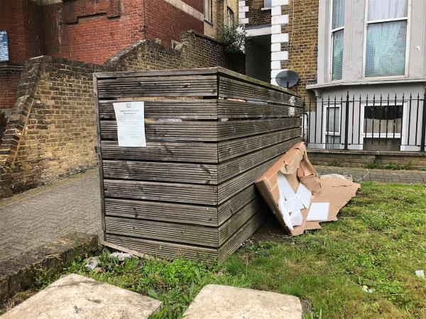 Please clear cardboard from beside bin chamber-Flat A, 215 Sydenham Road, London, SE26 5HF
