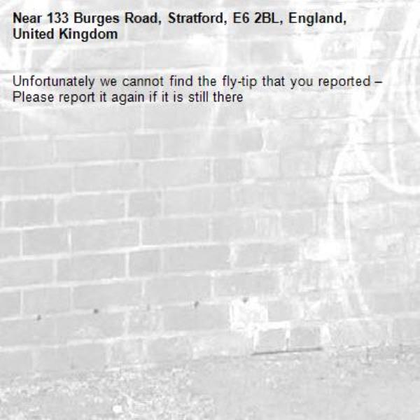Unfortunately we cannot find the fly-tip that you reported – Please report it again if it is still there-133 Burges Road, Stratford, E6 2BL, England, United Kingdom