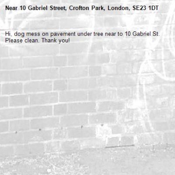 Hi, dog mess on pavement under tree near to 10 Gabriel St. Please clean. Thank you!-10 Gabriel Street, Crofton Park, London, SE23 1DT