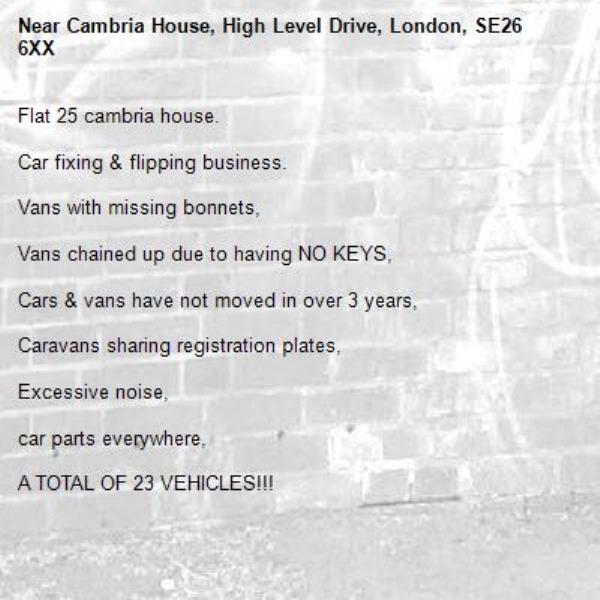 Flat 25 cambria house.

Car fixing &amp; flipping business.

Vans with missing bonnets,

Vans chained up due to having NO KEYS,

Cars &amp; vans have not moved in over 3 years, 

Caravans sharing registration plates,

Excessive noise, 

car parts everywhere, 

A TOTAL OF 23 VEHICLES!!!

Something MUST be done, it's getting out of hand and this 1 flat is causing everybody else to suffer. 



-Cambria House, High Level Drive, London, SE26 6XX