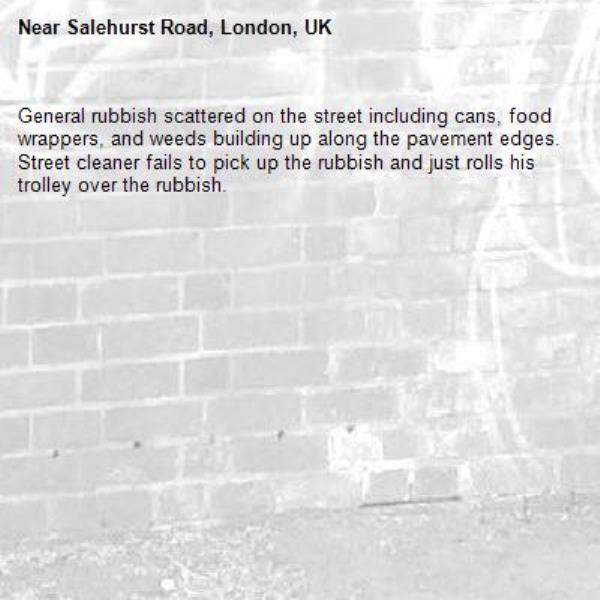 General rubbish scattered on the street including cans, food wrappers, and weeds building up along the pavement edges.
Street cleaner fails to pick up the rubbish and just rolls his trolley over the rubbish.-Salehurst Road, London, UK