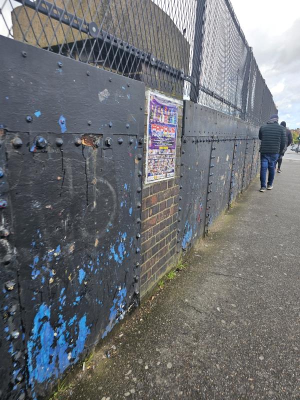 Los of event posters on Southall Bridge opp visited station on utility boxes, walls etc-Kiosk, Southall Railway Station, South Road, Southall, UB2 4AA