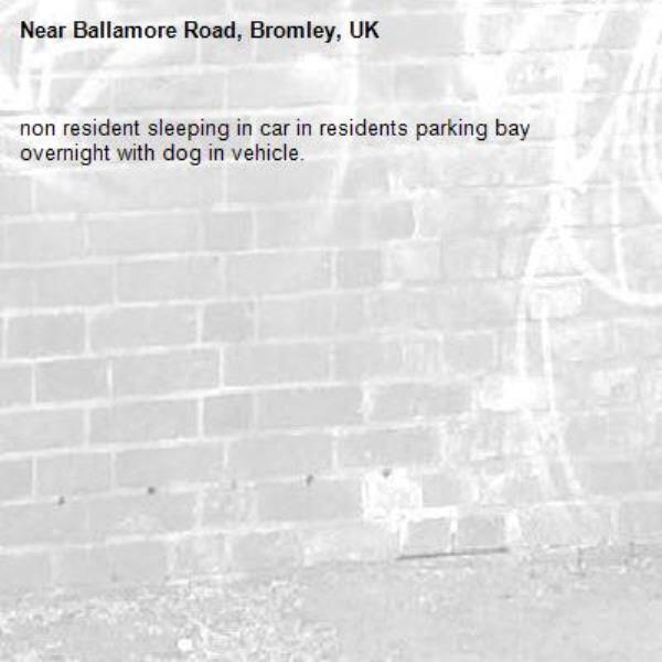 non resident sleeping in car in residents parking bay overnight with dog in vehicle. -Ballamore Road, Bromley, UK