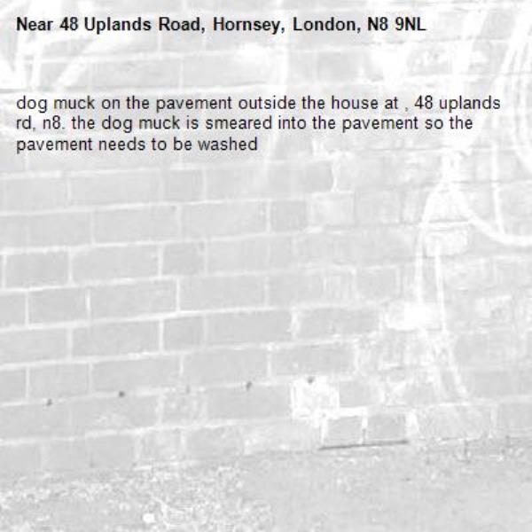 dog muck on the pavement outside the house at , 48 uplands rd, n8. the dog muck is smeared into the pavement so the pavement needs to be washed -48 Uplands Road, Hornsey, London, N8 9NL