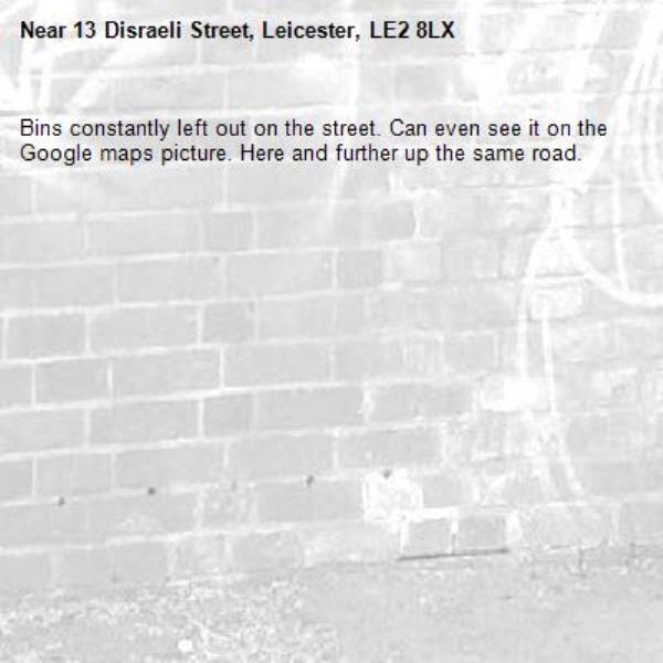 Bins constantly left out on the street. Can even see it on the Google maps picture. Here and further up the same road. -13 Disraeli Street, Leicester, LE2 8LX