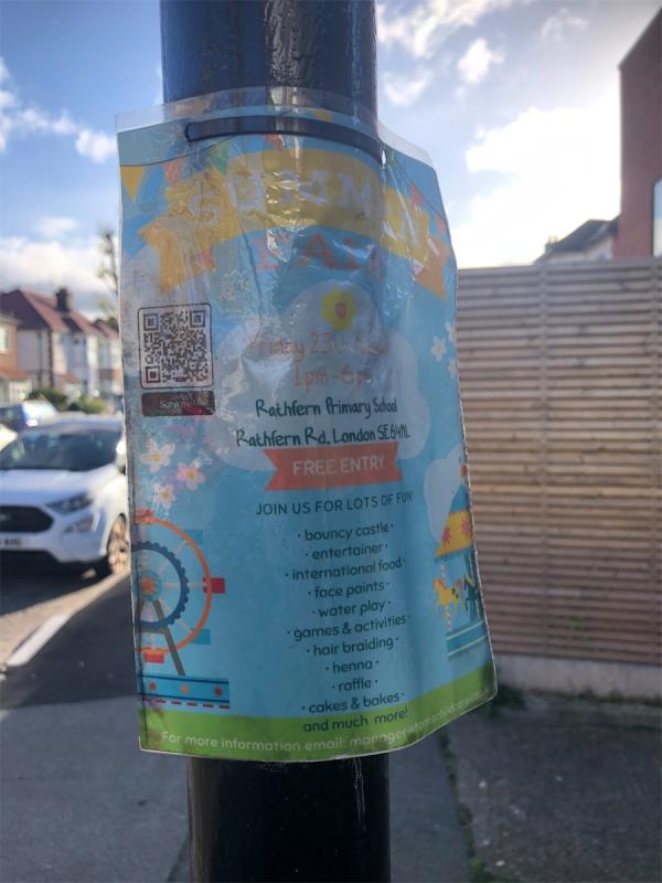 Please remove flypostering from lamppost column 23-8 Daneby Road, Catford, London, SE6 2QH