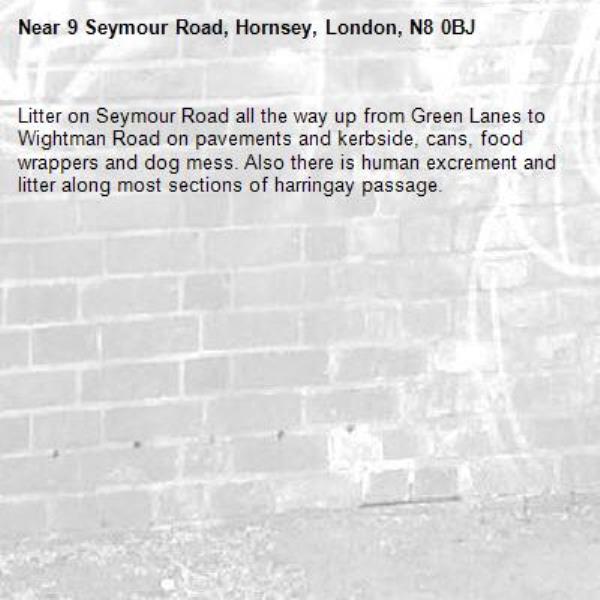 Litter on Seymour Road all the way up from Green Lanes to Wightman Road on pavements and kerbside, cans, food wrappers and dog mess. Also there is human excrement and litter along most sections of harringay passage. -9 Seymour Road, Hornsey, London, N8 0BJ