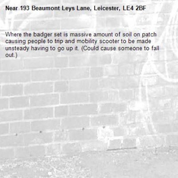 Where the badger set is massive amount of soil on patch causing people to trip and mobility scooter to be made unsteady having to go up it. (Could cause someone to fall out.)-193 Beaumont Leys Lane, Leicester, LE4 2BF