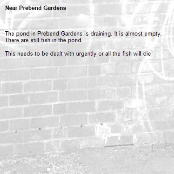 The pond in Prebend Gardens is draining. It is almost empty. There are still fish in the pond. 

This needs to be dealt with urgently or all the fish will die-Prebend Gardens