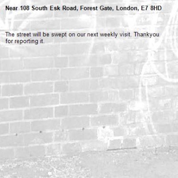 The street will be swept on our next weekly visit. Thankyou for reporting it.-108 South Esk Road, Forest Gate, London, E7 8HD