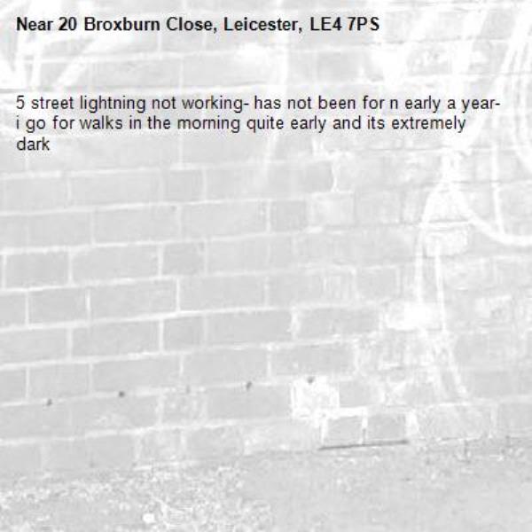 5 street lightning not working- has not been for n early a year- i go for walks in the morning quite early and its extremely dark -20 Broxburn Close, Leicester, LE4 7PS