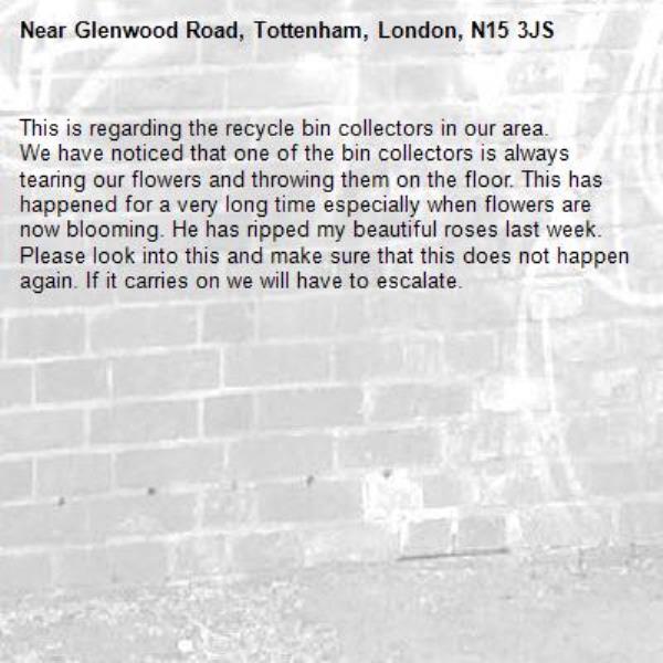 This is regarding the recycle bin collectors in our area. 
We have noticed that one of the bin collectors is always tearing our flowers and throwing them on the floor. This has happened for a very long time especially when flowers are now blooming. He has ripped my beautiful roses last week. Please look into this and make sure that this does not happen again. If it carries on we will have to escalate.
-Glenwood Road, Tottenham, London, N15 3JS