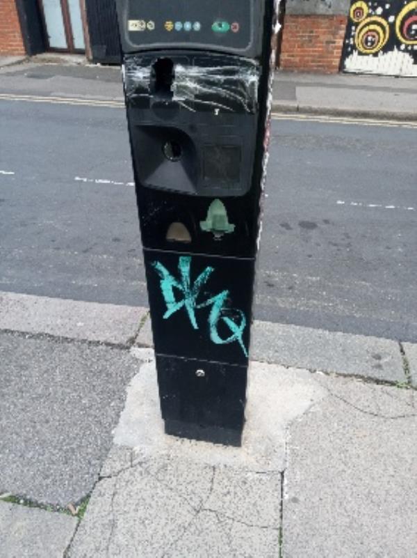 Graffiti on the parking ticket machine removed -Blue Collar Corner, 15 Hosier Street, RG1 7QL, England, United Kingdom