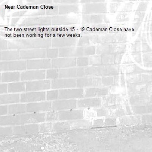 The two street lights outside 15 - 19 Cademan Close have not been working for a few weeks.-Cademan Close