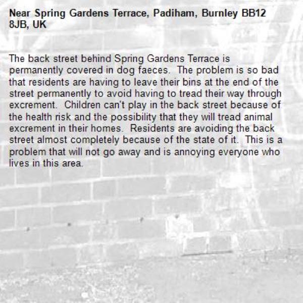 The back street behind Spring Gardens Terrace is permanently covered in dog faeces.  The problem is so bad that residents are having to leave their bins at the end of the street permanently to avoid having to tread their way through excrement.  Children can&#39;t play in the back street because of the health risk and the possibility that they will tread animal excrement in their homes.  Residents are avoiding the back street almost completely because of the state of it.  This is a problem that will not go away and is annoying everyone who lives in this area.-Spring Gardens Terrace, Padiham, Burnley BB12 8JB, UK