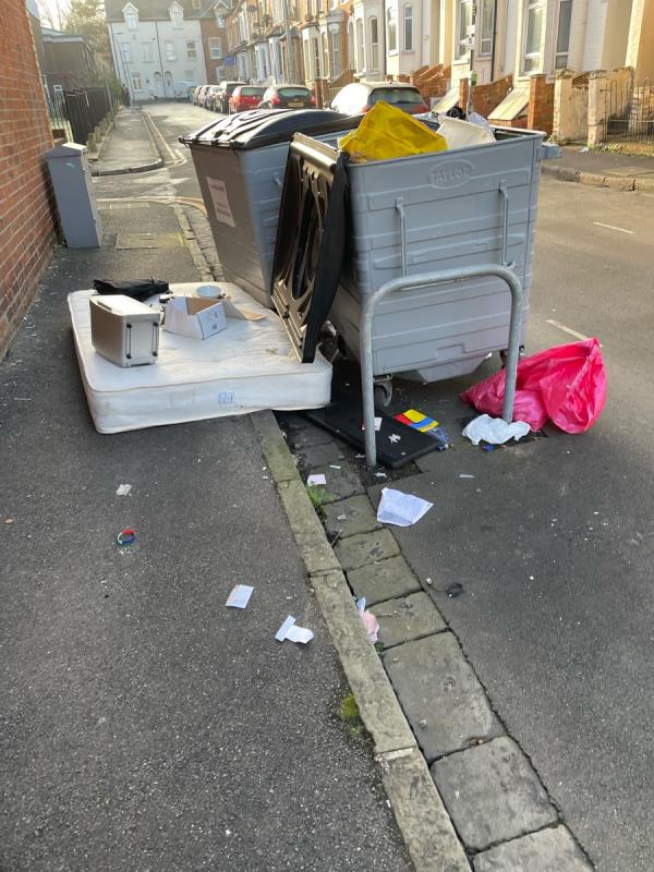 At the middle bins on Anstey Road… The mattress that I reported last week that has not been picked up has now attracted many friends. The pavement is non-accessible. Could this be cleared up please?-14 Body Road, Reading, RG1 7JP