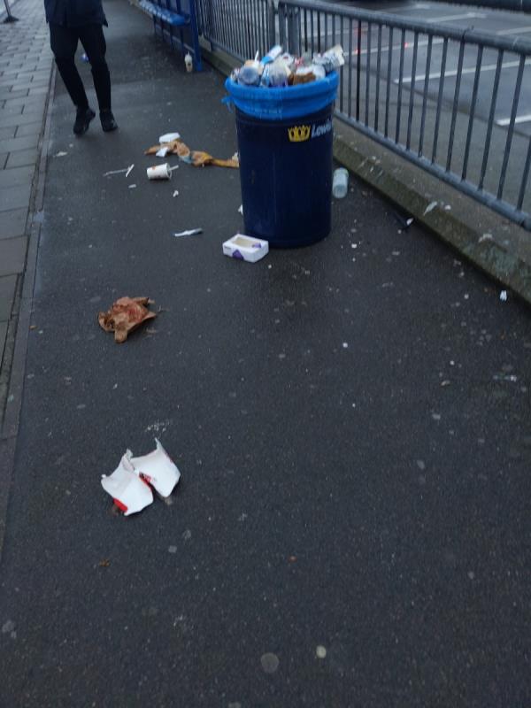 Blue bin needs empting and rubbish on the pavement -Ron Stockbridge Close, London