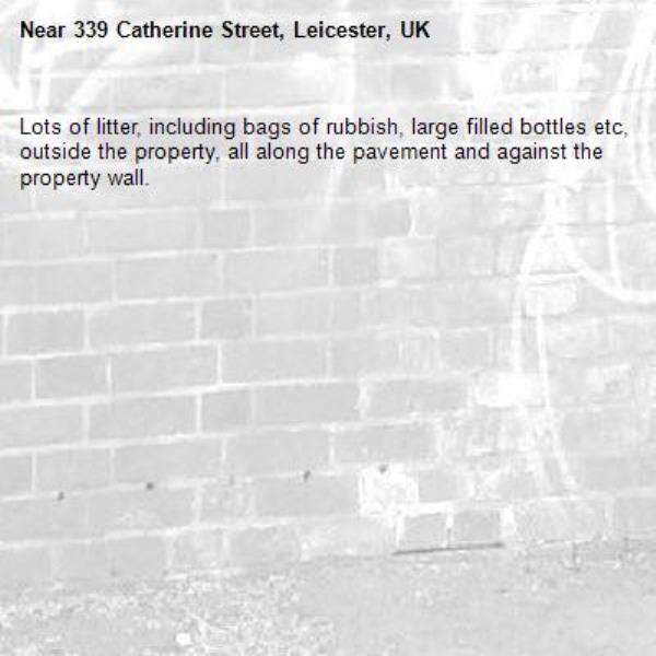 Lots of litter, including bags of rubbish, large filled bottles etc,  outside the property, all along the pavement and against the property wall. -339 Catherine Street, Leicester, UK