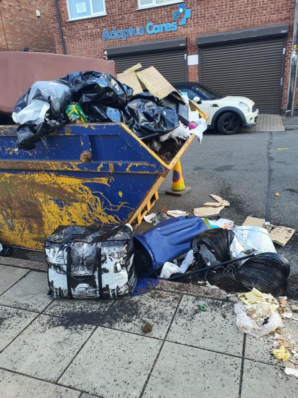 mystery skip no license I think now being used as a dumping ground by all ..-102 Carlisle Street, Leicester, LE3 6AG