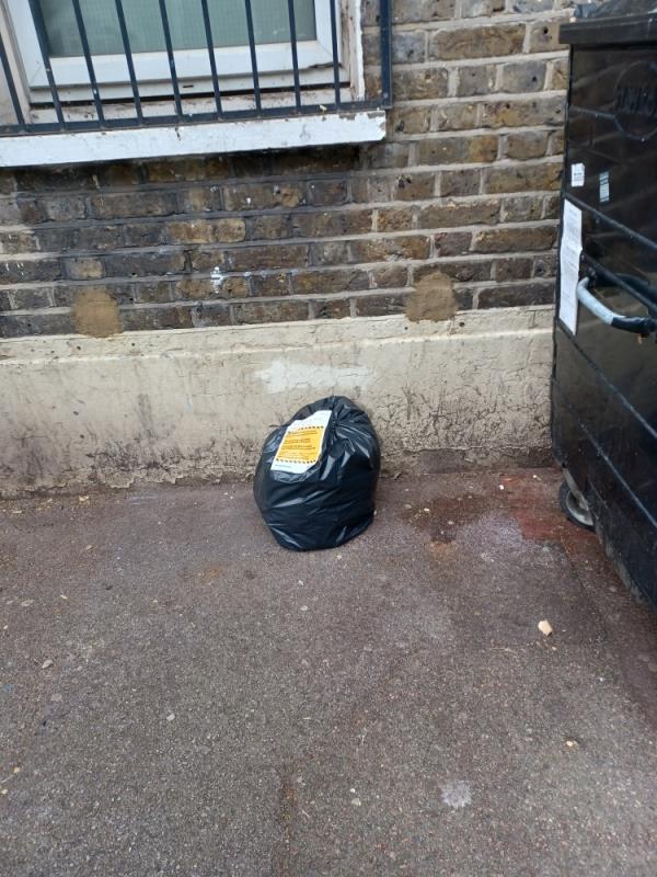 A bag of household waste fly tipped at 1 Macaulay Road, E6. -1A, Macaulay Road, East Ham, London, E6 3BJ