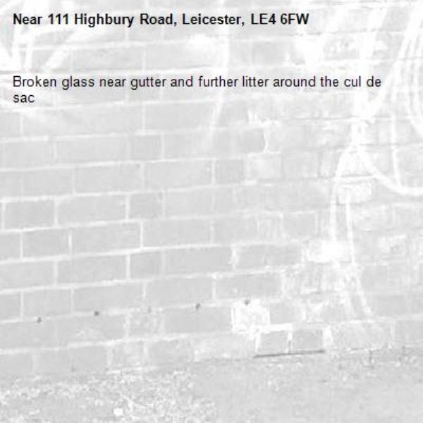 Broken glass near gutter and further litter around the cul de sac-111 Highbury Road, Leicester, LE4 6FW