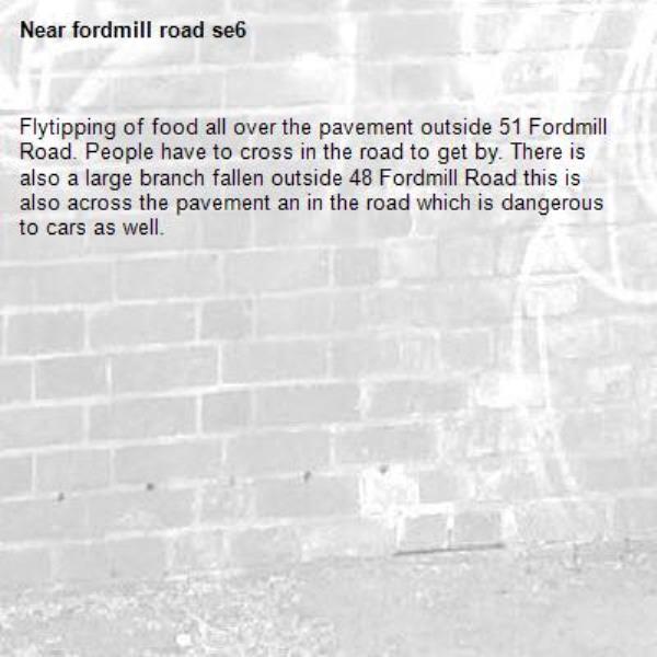 Flytipping of food all over the pavement outside 51 Fordmill Road. People have to cross in the road to get by. There is also a large branch fallen outside 48 Fordmill Road this is also across the pavement an in the road which is dangerous to cars as well.-fordmill road se6