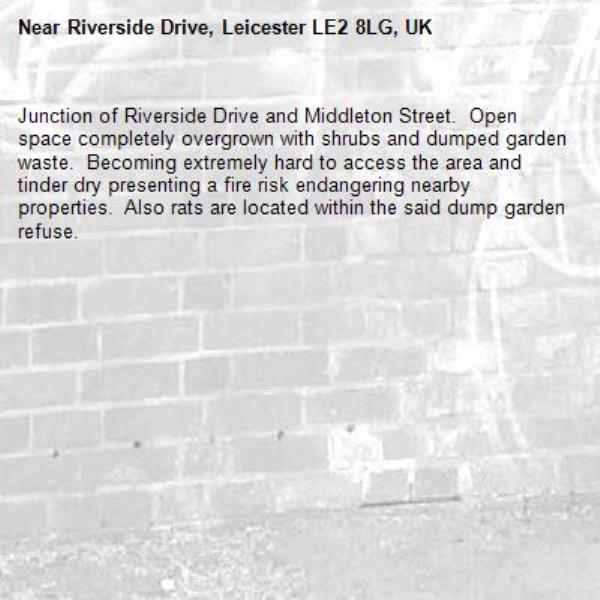 Junction of Riverside Drive and Middleton Street.  Open space completely overgrown with shrubs and dumped garden waste.  Becoming extremely hard to access the area and tinder dry presenting a fire risk endangering nearby properties.  Also rats are located within the said dump garden refuse.-Riverside Drive, Leicester LE2 8LG, UK