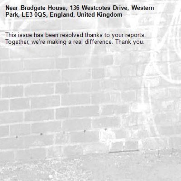 This issue has been resolved thanks to your reports.
Together, we’re making a real difference. Thank you.
-Bradgate House, 136 Westcotes Drive, Western Park, LE3 0QS, England, United Kingdom