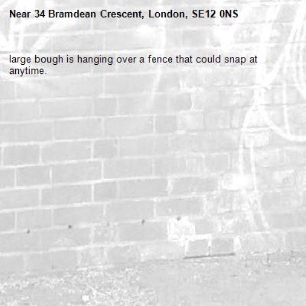 large bough is hanging over a fence that could snap at anytime. -34 Bramdean Crescent, London, SE12 0NS