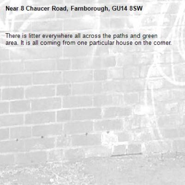 There is litter everywhere all across the paths and green area. It is all coming from one particular house on the corner.-8 Chaucer Road, Farnborough, GU14 8SW