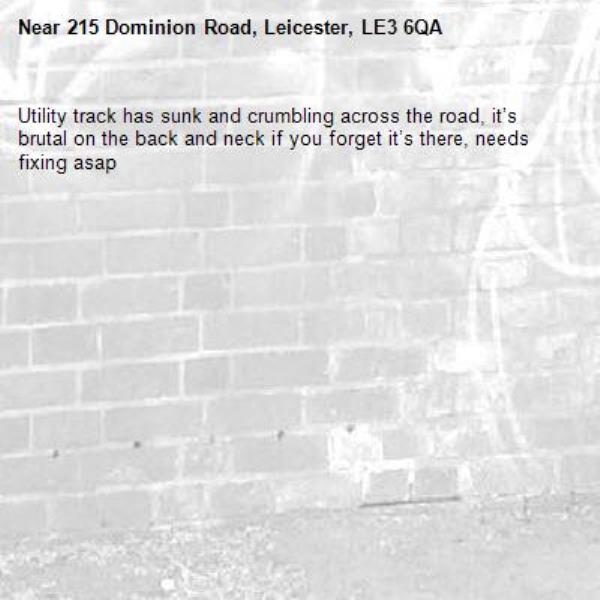 Utility track has sunk and crumbling across the road, it’s brutal on the back and neck if you forget it’s there, needs fixing asap -215 Dominion Road, Leicester, LE3 6QA