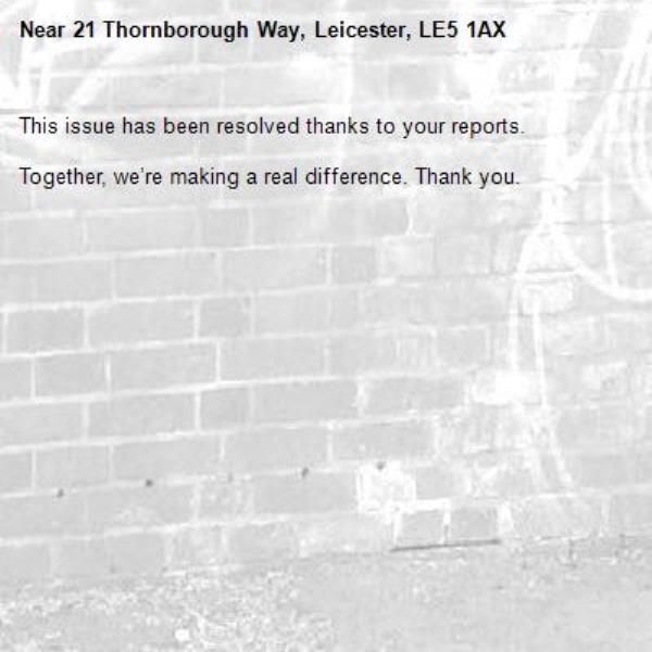 This issue has been resolved thanks to your reports.

Together, we’re making a real difference. Thank you.-21 Thornborough Way, Leicester, LE5 1AX