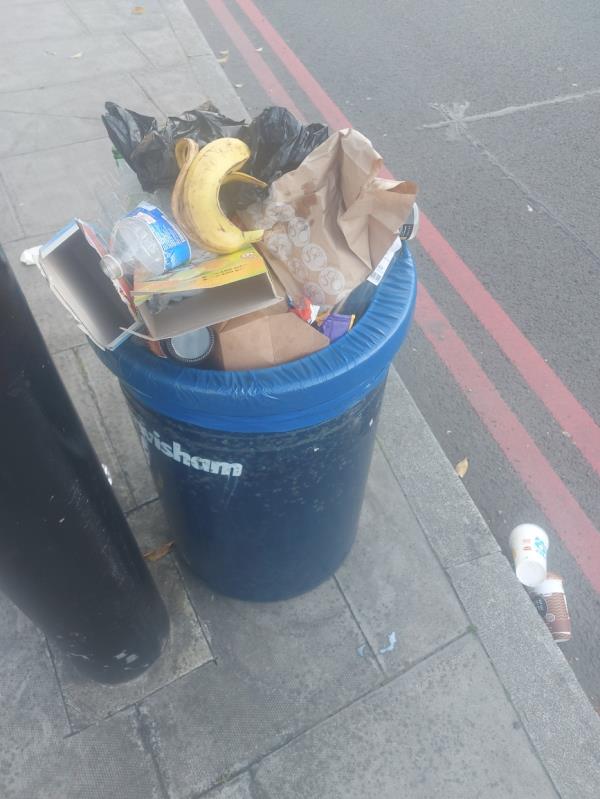 Bin at Tigers Head junction is overflowing, rubbish falling and being blown all over. Why is there only one bin, such a busy area!!-49217 Lee Road, Lee, SE12 8RG