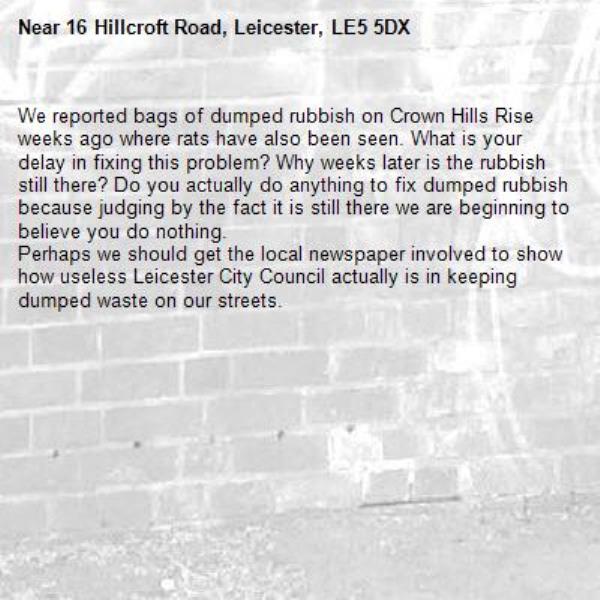 We reported bags of dumped rubbish on Crown Hills Rise weeks ago where rats have also been seen. What is your delay in fixing this problem? Why weeks later is the rubbish still there? Do you actually do anything to fix dumped rubbish because judging by the fact it is still there we are beginning to believe you do nothing.
Perhaps we should get the local newspaper involved to show how useless Leicester City Council actually is in keeping dumped waste on our streets.-16 Hillcroft Road, Leicester, LE5 5DX