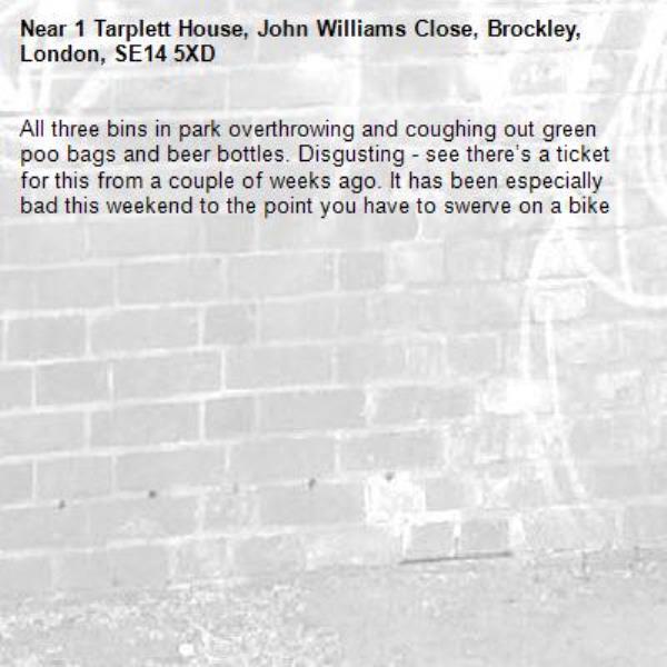 All three bins in park overthrowing and coughing out green poo bags and beer bottles. Disgusting - see there’s a ticket for this from a couple of weeks ago. It has been especially bad this weekend to the point you have to swerve on a bike -1 Tarplett House, John Williams Close, Brockley, London, SE14 5XD